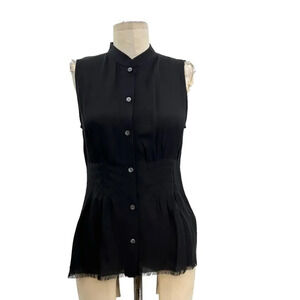 FRAME Black Silk Sleeveless‎ Pleated Button Front Shirt Noir Size Small